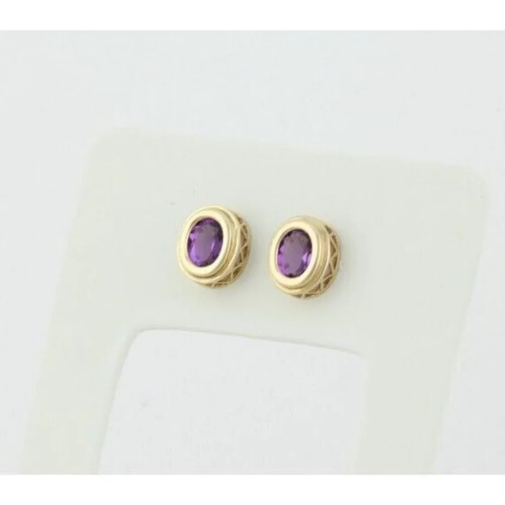10k Yellow Gold Natural Amethyst Earrings Stud Post - Picture 3 of 8